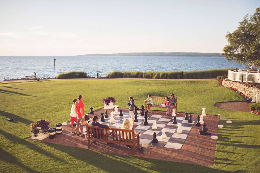 Giant chess on the Inn's lake lawn
