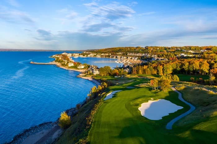 Aerial view of atumn at Bay Harbor Golf Club and beyond
