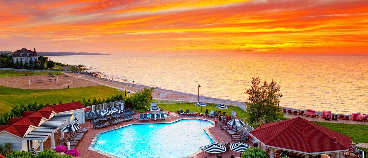 Sunset over Lake Michigan, over Inn at Bay Harbor pool