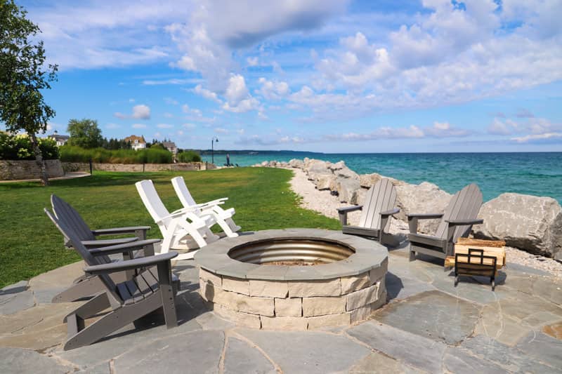 Slate and fieldstone firepit near Lake Michigan, Inn at Bay Harbor