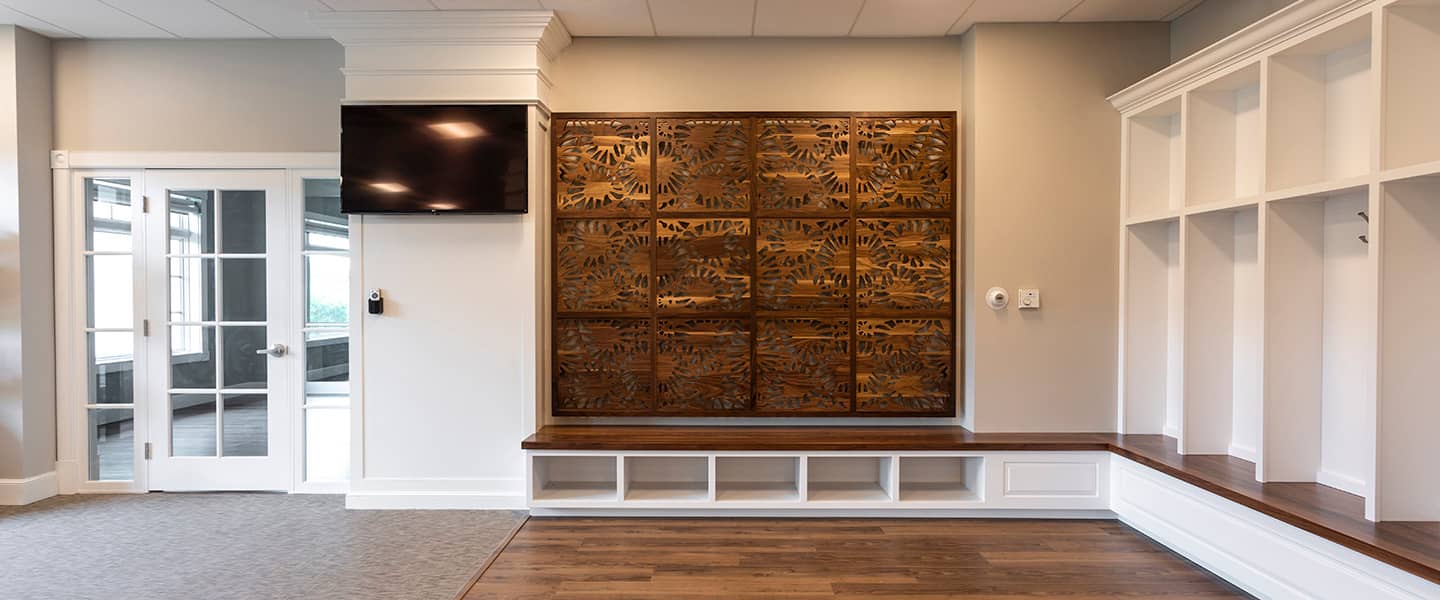 Fitness center cubbies, wood artwork, Inn at Bay Harbor