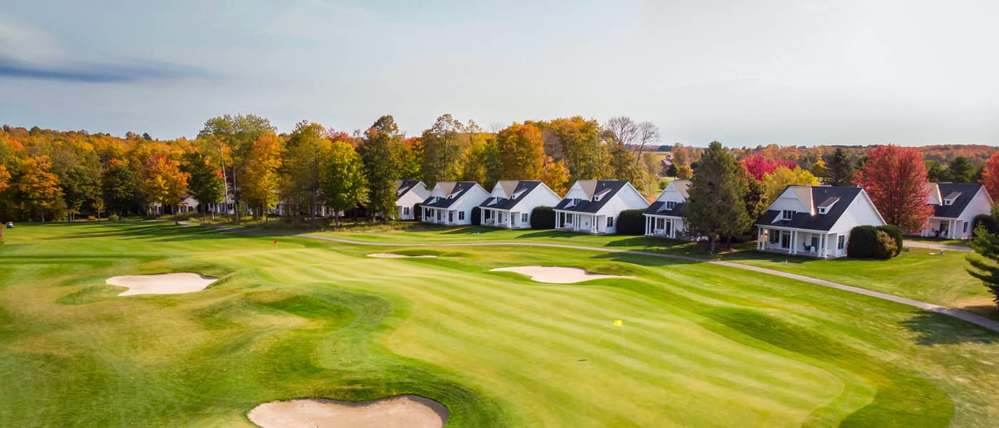 Crooked Tree Cottages, aerial view along golf course